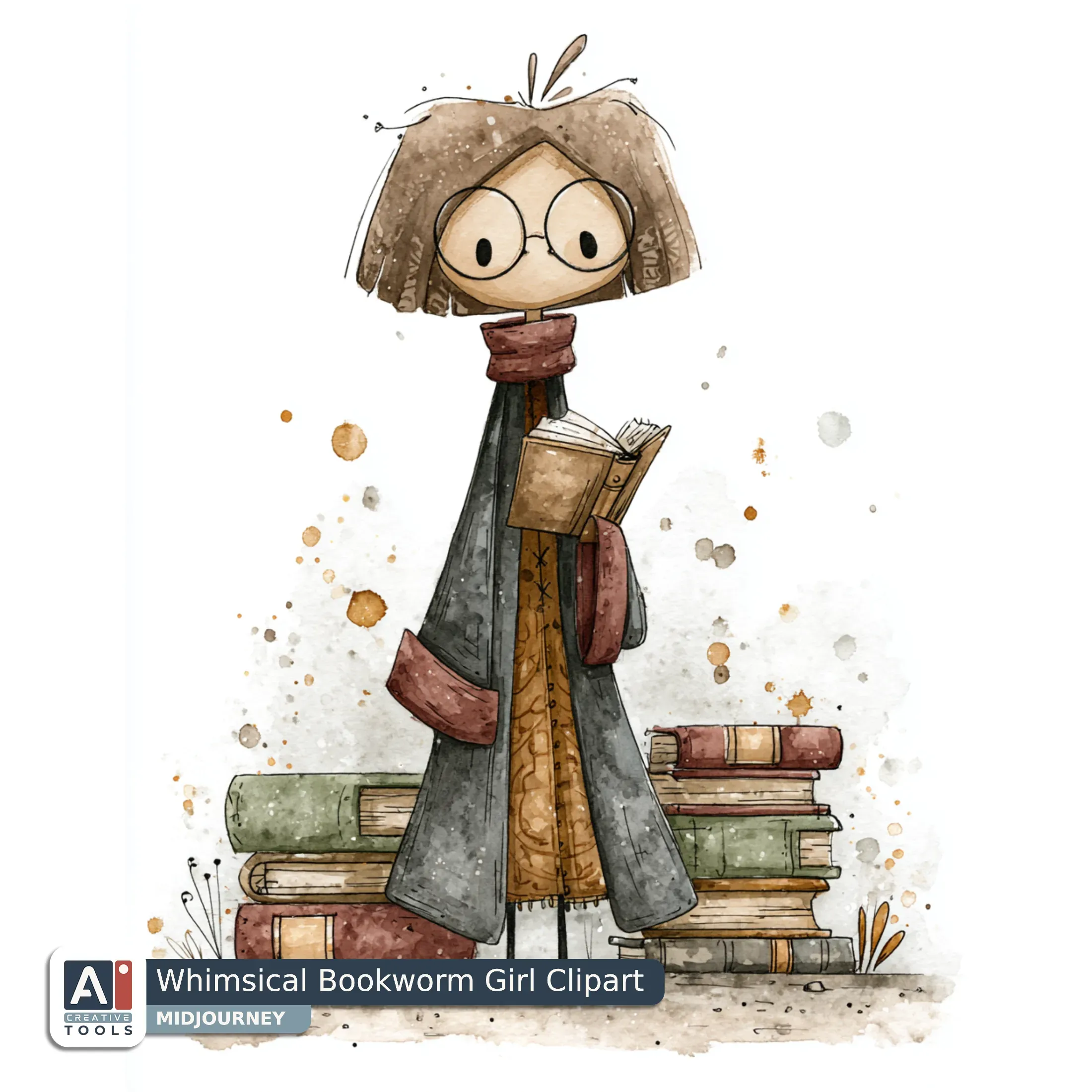 Whimsical Bookworm Girl Clipart