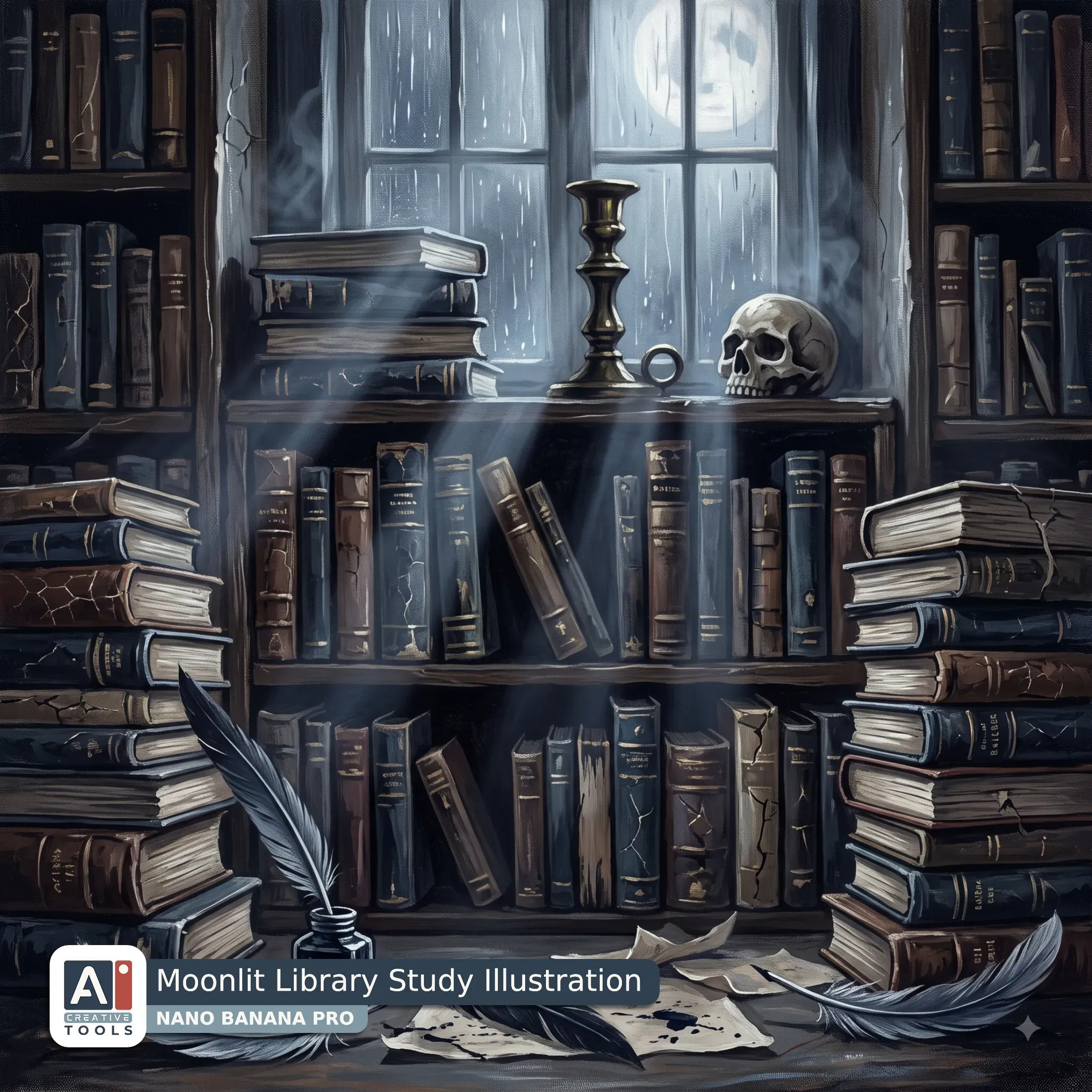 Moonlit Library Study Illustration
