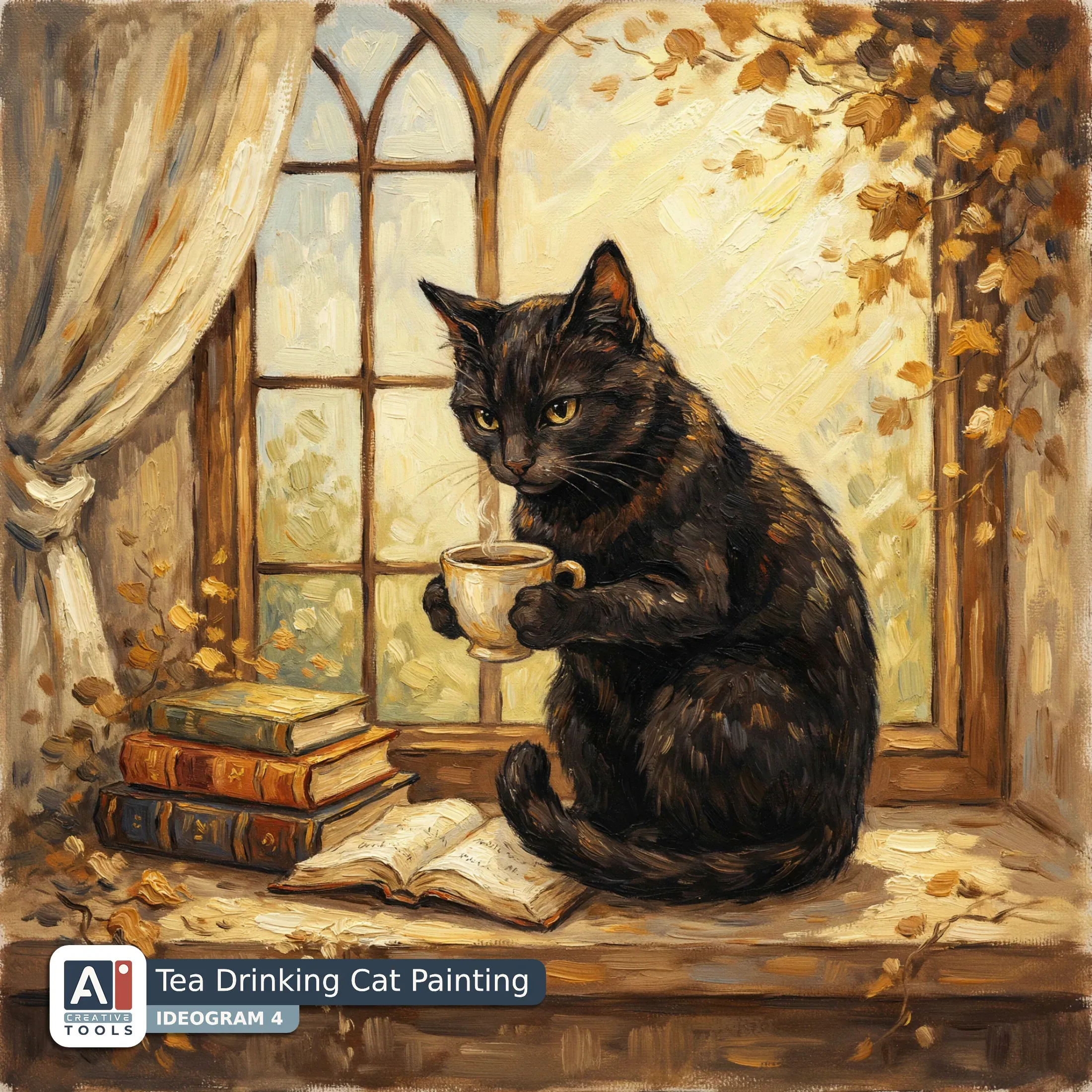 Tea Drinking Cat Painting