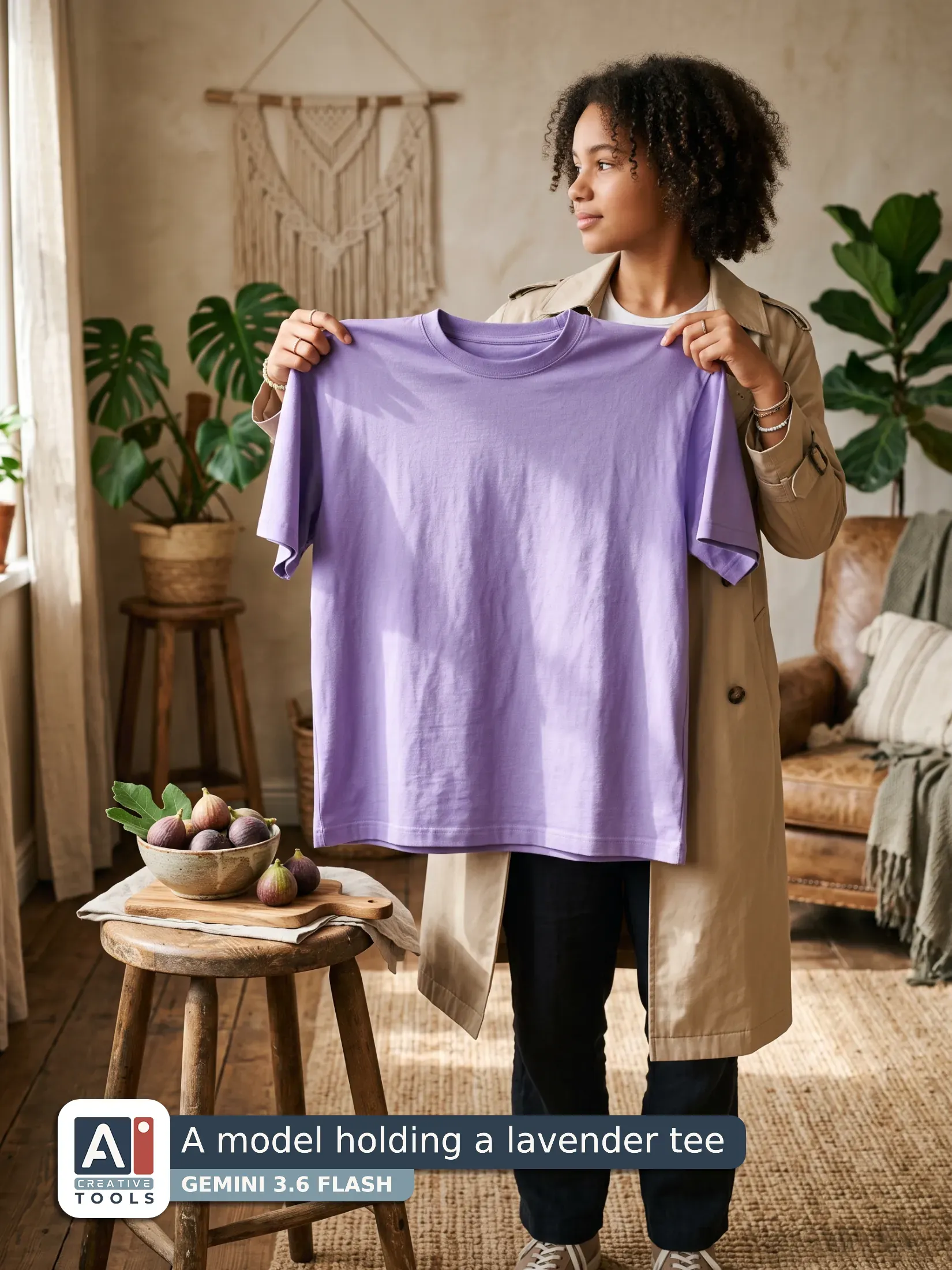 A model holding a lavender tee