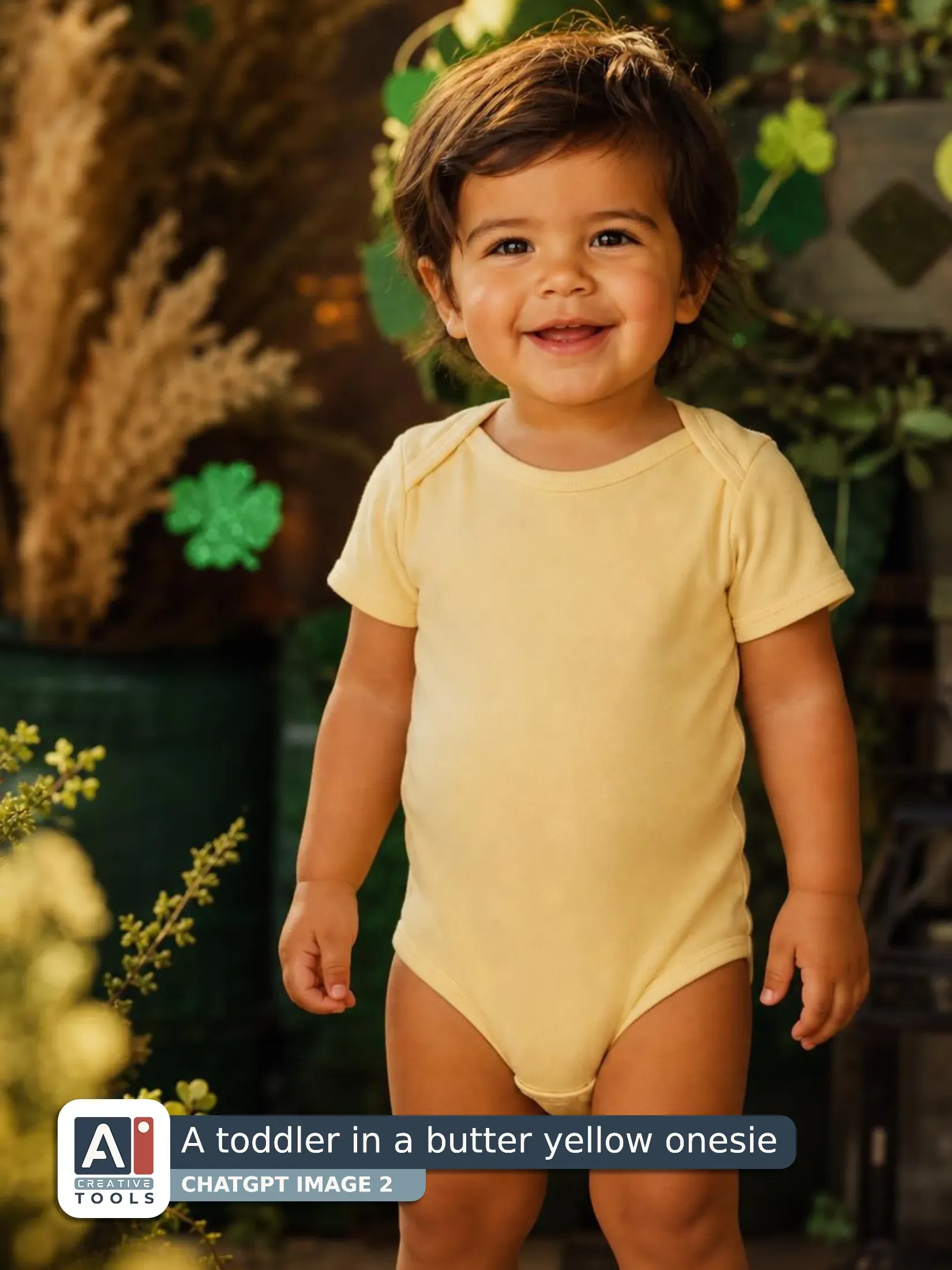 A toddler in a butter yellow onesie