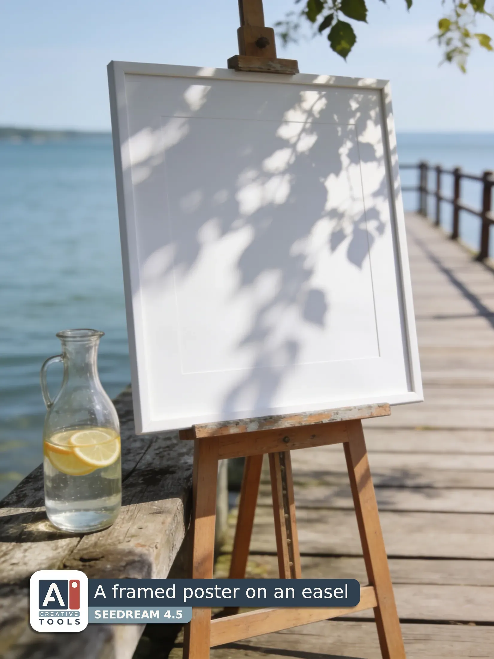 A framed poster on an easel by the water